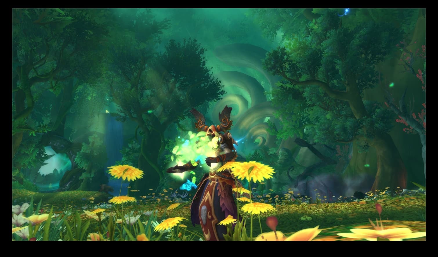 Lulureese, a Troll Druid with vibrant turquoise skin, emerald hair, and perpetual bright smile embodying wild natural spirit