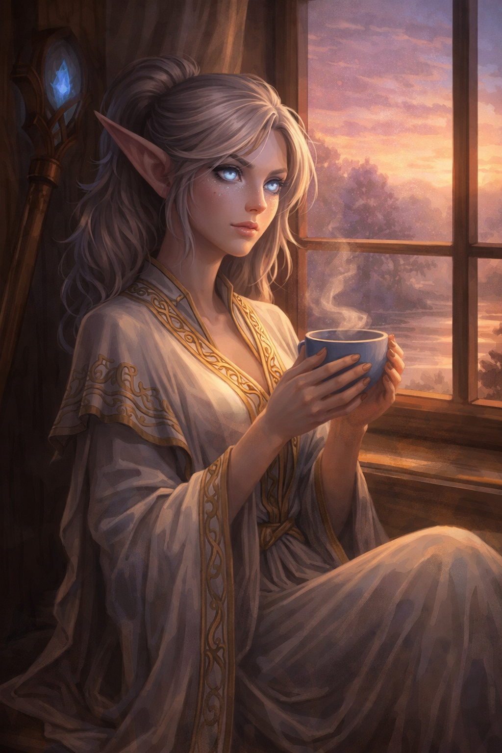 Reyneese, a Night Elf Priest with flowing silver-white hair, sitting by a window at dawn with tea, lost in ancient memories