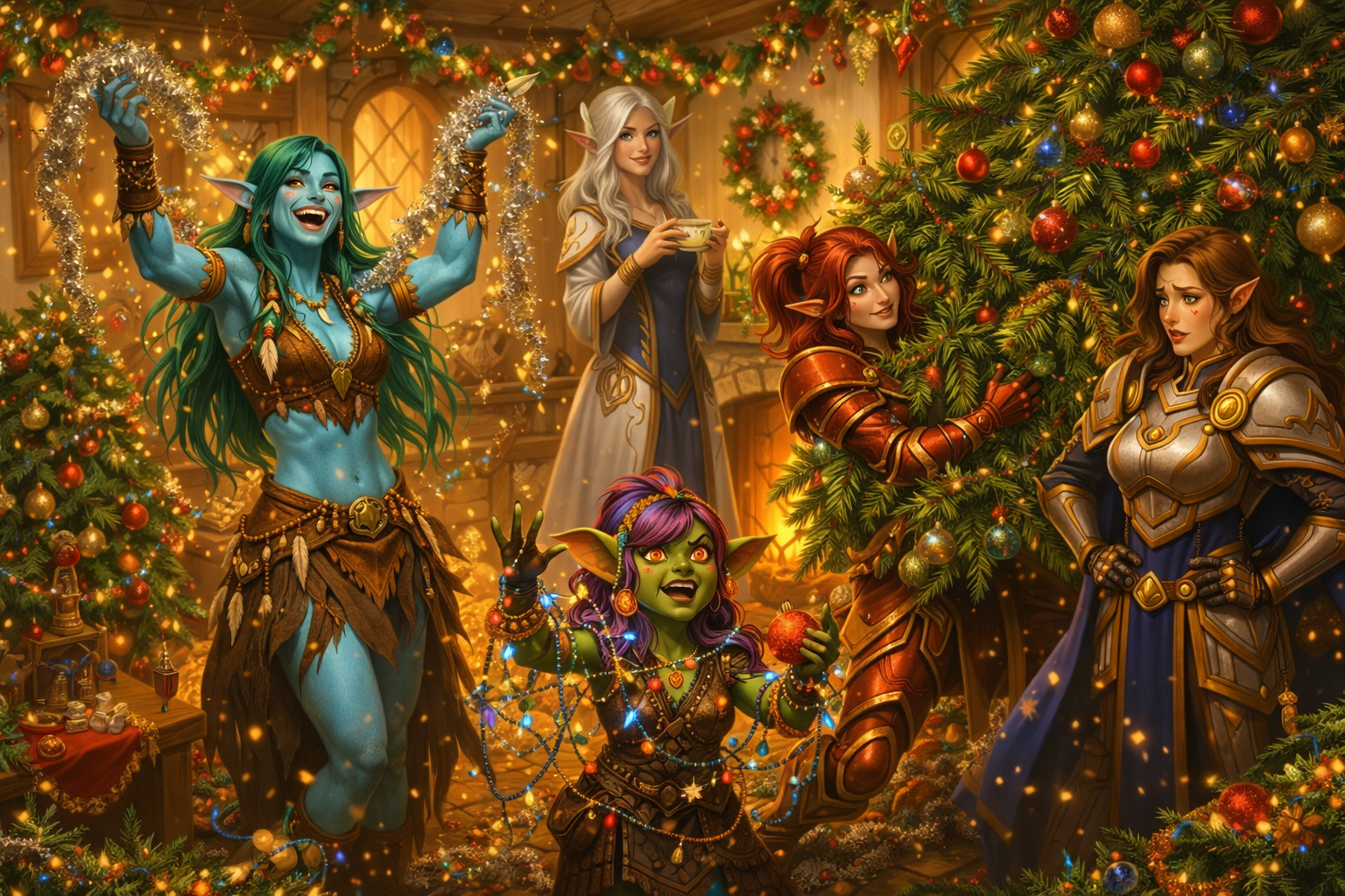 The Warband of Starveil Weavers celebrating their first Winter Veil together - six sisters decorating their new home with chaos and joy