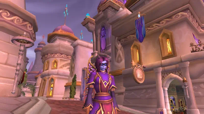 Ecliseese in Dalaran in a violet-and-magenta robe with gold filigree, a short magenta-plum bob, small curved horns and a dark blindfold