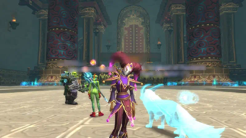 Ecliseese in a plum jester hat with pink bells and a white porcelain mask, standing in a temple hall beside a spectral blue fox