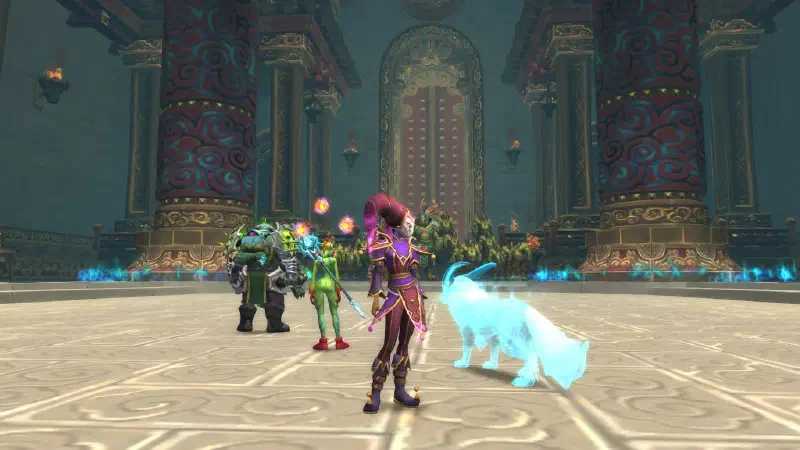Ecliseese in her jester ensemble, seen from behind in a red-and-gold temple hall