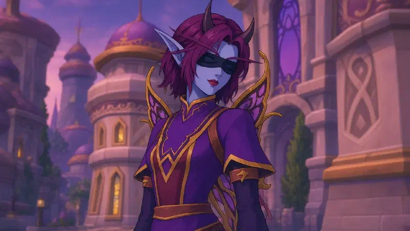 Ecliseese in Dalaran at dusk: short magenta-plum bob, small curved horns, dark blindfold, violet-and-magenta robe with gold filigree and small golden wings, drawn in a 1990s anime OVA style