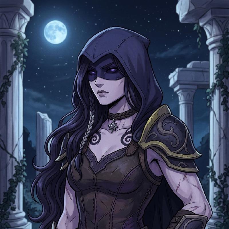 Eclisseese in City Guard's Mask and Dreadhide Stalker's Harness, Glaive of the Keepers resting on her shoulder