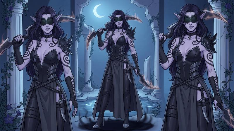 Eclisseese standing in a moonlit ruined Night Elf temple, one warglaive resting on her shoulder, void-shadow pooling at her feet