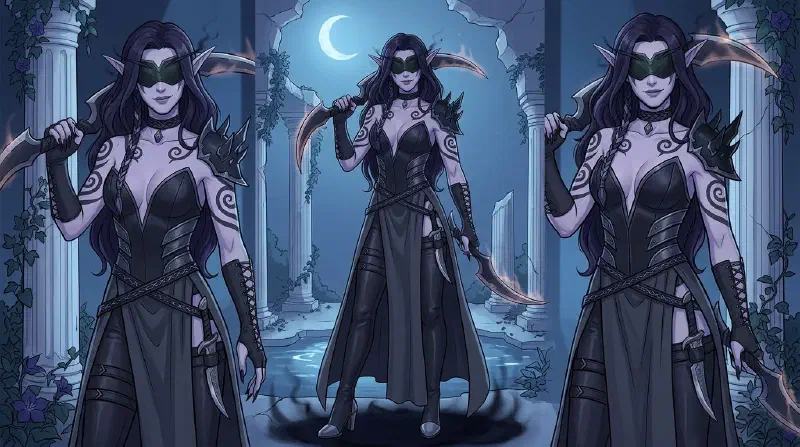 Eclisseese standing in a moonlit ruined Night Elf temple, one warglaive resting on her shoulder, void-shadow pooling at her feet