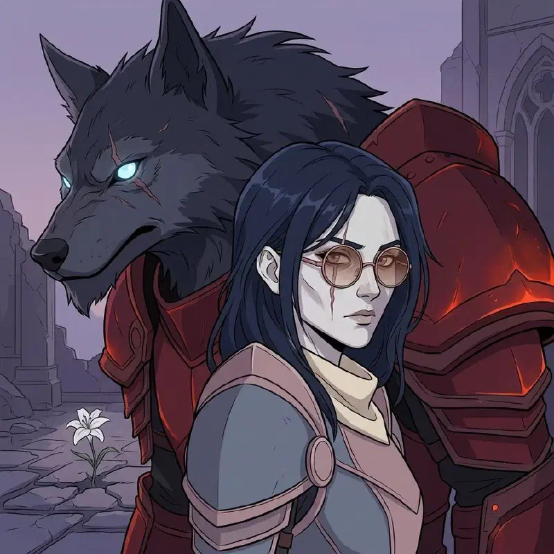 Giselleese in human visage form with her worgen form looming behind her back-to-back, 45-degree angle, ruined Gilnean courtyard