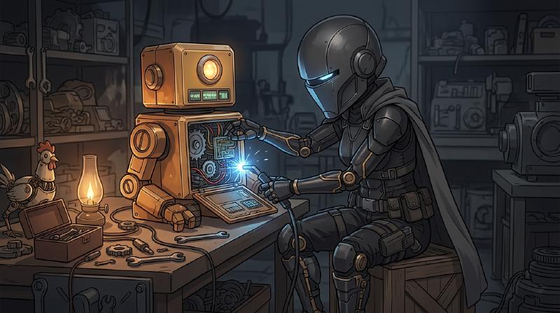 Moryeese tinkering with a Blingtron 4000 in a dim workshop