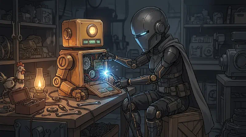 Moryeese tinkering with a Blingtron 4000 in a dim workshop