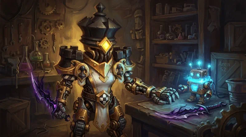 Moryeese in her dim workshop, Pursax dagger on the workbench beside a powered-on Blingtron 4000, yellow visor glow cutting through the dark