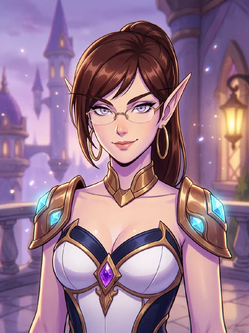 Zyneese in Cel-Bloom Cinematic style on a Dalaran balcony at twilight, mature early-thirties features, half-rim reading glasses, gold hoop earrings, and signature feline W-smile